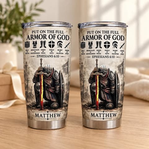 Personalized Armor Of God Tumbler – Ephesians 6:10 Bible Verse 20oz Stainless Steel Tumbler, Custom Name Christian Warrior Cup, Religious Gift For Women And Men