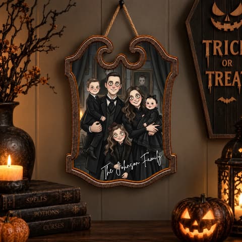 Personalized Halloween Wooden Sign Custom Family Portrait, Gothic Family Name Plaque, Spooky Home Door Decor, Family Halloween Gift