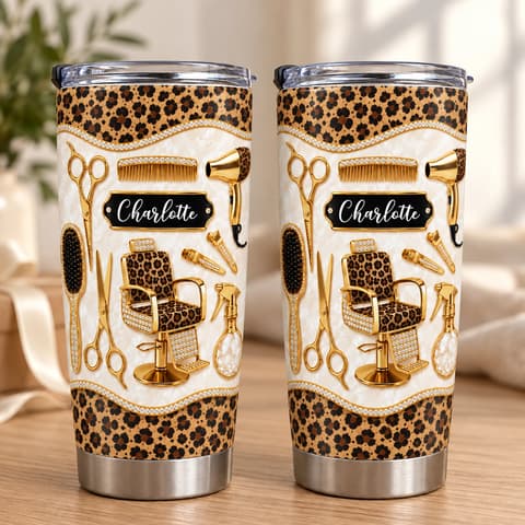 Personalized Hair Stylist Tumbler 20oz, Custom Name Leopard Print Salon Tools Travel Cup