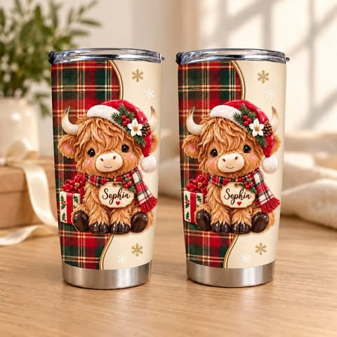 Personalized 20oz Tumbler Custom Name – Highland Cow Christmas Gift, Cute Holiday Plaid Stainless Steel Travel Cup