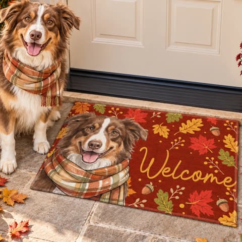 Rustic Autumn Leaves Entryway Rug - Personalized Pet Portrait Doormat, Custom Pet Picture Welcome Mat