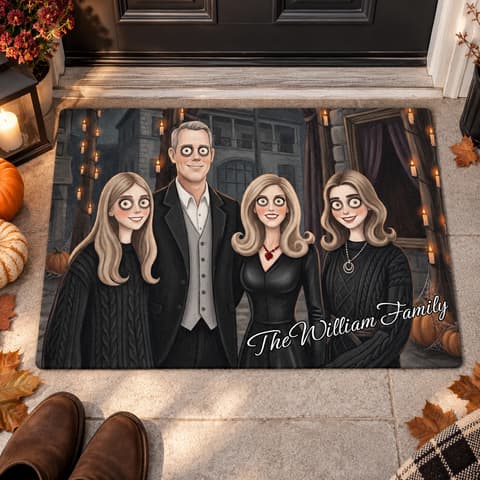 Personalized Spooky Family Portrait Doormat, Custom Photo Gothic Cartoon Welcome Mat, Halloween Housewarming Gift