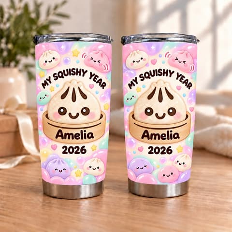 Personalized 20oz Tumbler Custom Name & Year, My Squishy Year Kawaii Drink Cup, Cute Pastel Travel Tumbler, Adorable Gift For Her