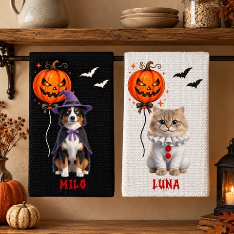 Custom Pet Name Halloween Kitchen Towel, Witch Cat Pumpkin Tea Towel, Personalized Spooky Kitchen Decor, Halloween Gift For Dog Cat Lovers