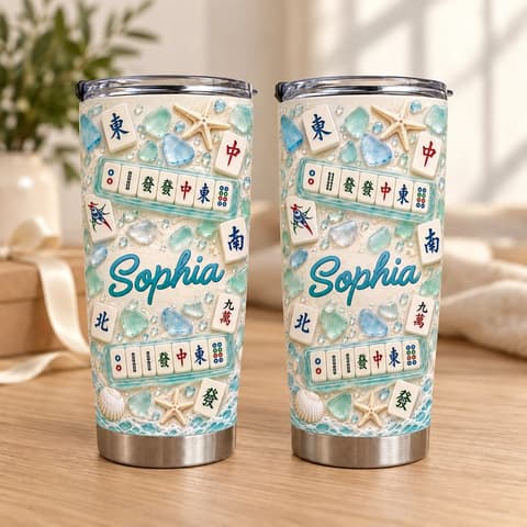Personalized 20oz Tumbler Custom Name – Mahjong Beach Lover Gift, Coastal Sea Glass Design Stainless Steel Travel Cup