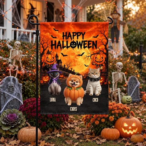 Personalized Halloween Garden Flag Custom Pet Names, Spooky Pet Welcome Flag, Witch Cat Pumpkin Dog Mummy Cat Yard Decor, Halloween Gift
