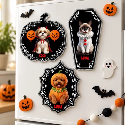 Personalized Pet Photo Halloween Magnet, Custom Dog Portrait Pumpkin Fridge Magnet, Cute Vampire Pet Keepsake, Spooky Gift For Pet Lovers