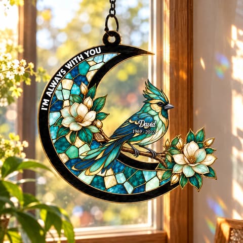 Memorial Cardinal Stained Glass Moon - Personalized Window Hanging Suncatcher Ornament