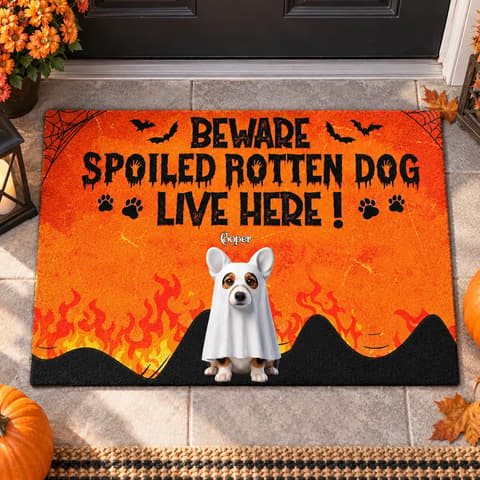 Personalized Halloween Pet Photo Doormat, Custom Dog Portrait Beware Spoiled Rotten Dog Live Here
