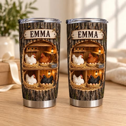 Personalized Chicken Tumbler 20oz Custom Text, Rustic Farmhouse Hen Travel Cup, Cozy Country Coop Drink Tumbler, Gift For Chicken Lovers