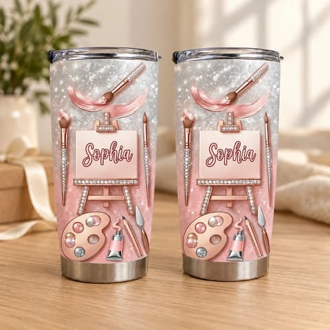 Custom Text Artist Tumbler 20oz, Personalized Painting Travel Cup, Pink Rose Gold Art Tumbler, Painter Gift, Art Lover Gift