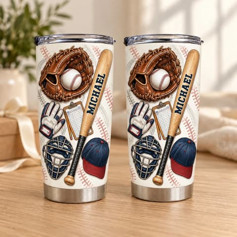 Personalized Baseball Tumbler 20oz Custom Text, Baseball Glove Bat & Ball Travel Cup, Sports Drink Tumbler For Player Coach Dad, Baseball Gift