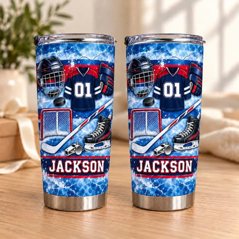 Personalized Hockey Tumbler 20oz Custom Text, Ice Hockey Travel Cup, Hockey Gear Inspired Drink Tumbler, Player Coach Dad Gift