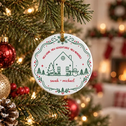 Personalized Round Ceramic Christmas Ornament Custom Name – New Home New Adventures Couple Keepsake Christmas Gift