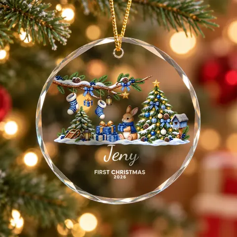 Personalized First Christmas Ornament Custom Name Bunny Christmas Tree Round Glass Ornament