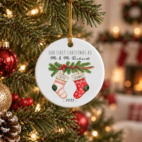 Personalized Round Ceramic Christmas Ornament Custom Names – Our First Christmas As Mr & Mrs Stocking Couple Keepsake Gift