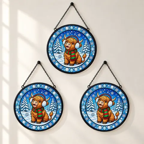 Christmas Highland Cow Stained Glass Suncatcher, Highland Cow Window Hanging, Winter Holiday Home Decor Ornament, Christmas