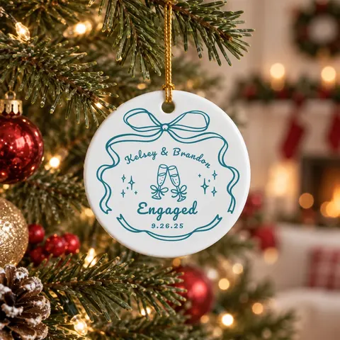 Custom Engagement Christmas Ornament, Personalized Couple Names And Date, Engaged Ornament With Champagne Glasses, Christmas Gift For Couple