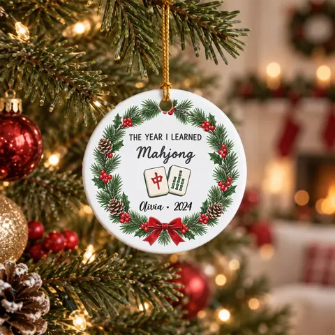 Personalized Round Ceramic Christmas Ornament, Custom Mahjong Name And Year, Mahjong Christmas Tree Decor, Christmas Gift For Player