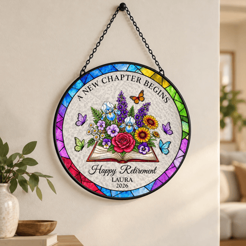 Custom Retirement Suncatcher, Personalized Name And Year Stained Glass Decor, Happy Retirement Wall Hanging, Retirement Gift For Coworker