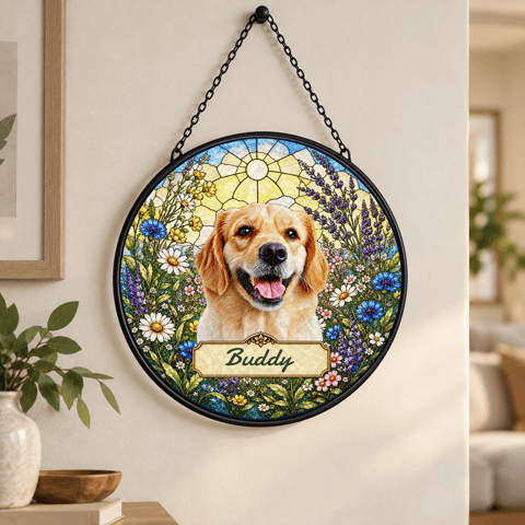 Personalized Pet Memorial Suncatcher Custom Dog Cat Name, Stained Glass Dog Cat Portrait, Pawprint Keepsake, Memorial Gift For Dog & Cat Lovers