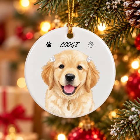 Custom Photo Realistic Watercolor Art Happy Dog Cat Pet - Personalized Circle Ceramic Ornament