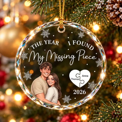 Custom Photo Caricature The Year I Found My Missing Piece Couples - Personalized Heart Shaped Glass Ornament