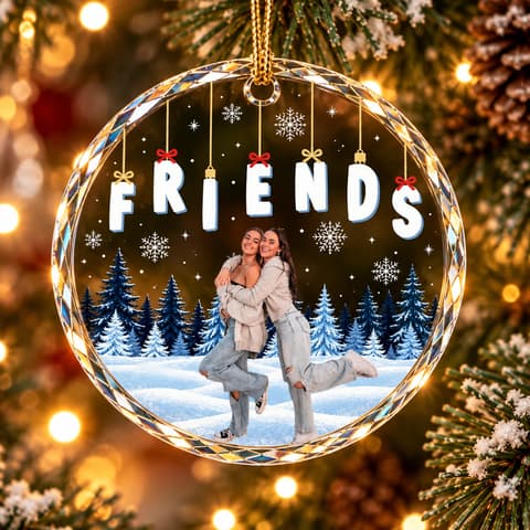 Custom Photo Friends Besties Sisters Sitting Together - Personalized Circle Glass Ornament