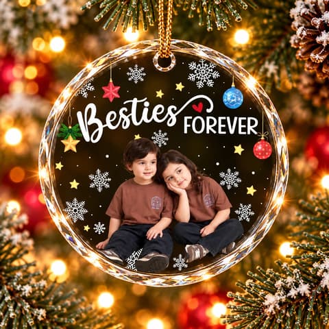 Custom Photo Besties Forever Christmas - Personalized Circle Glass Ornament