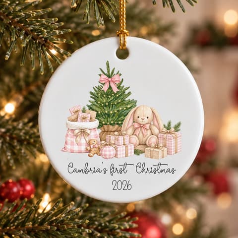Personalized Baby'S First Christmas Ceramic Ornament – Custom Name Bunny Christmas Tree Keepsake, Double-Sided Round Holiday Ornament