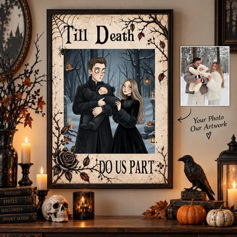 Personalized Halloween Poster Custom Photo – Till Death Do Us Part Gothic Couple Portrait Spooky Wall Decor Gift