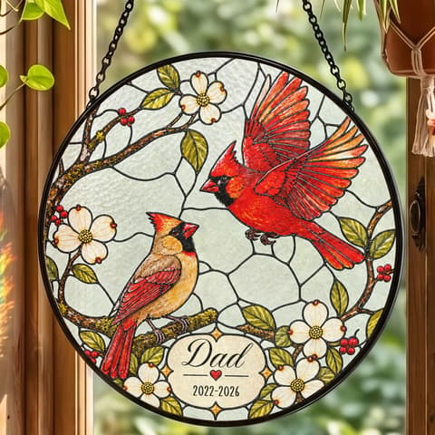 Cardinal Birds Memorial Stained Glass Suncatcher – Personalized Dad Name & Memorial Years, In Loving Memory Window Hanging, Sympathy Gift