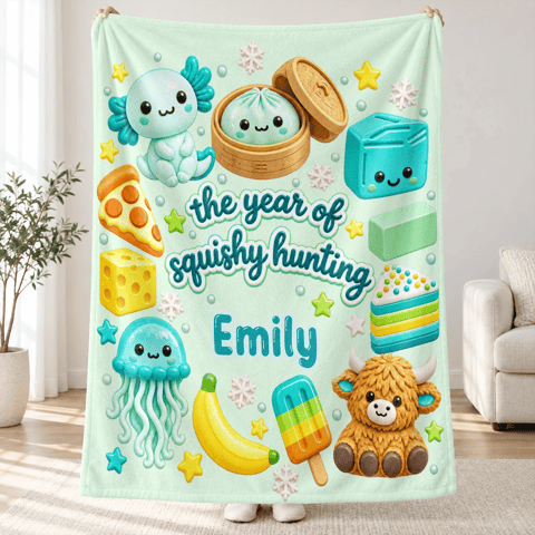 The Year Of Squishy Hunting – Personalized Name Cute Squishy Characters Blanket, Kawaii Cozy Throw Blanket, Gift For Kids & Squishy Lovers