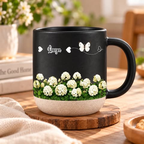 Birth Month Flower Watercolor Blue Delphinium Custom Name & Butterfly - Personalized Ceramic Mug - Birthday Gifts For Her