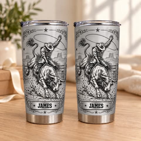 Personalized 20oz Tumbler Custom Name – Rodeo Cowboy Gift, Western Bull Riding Design Stainless Steel Travel Cup