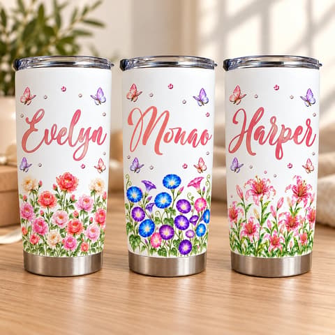 Personalized 20oz Tumbler Custom Name & Birth Flower – Floral Name Tumbler, Butterfly Flower Design Stainless Steel Travel Cup Gift
