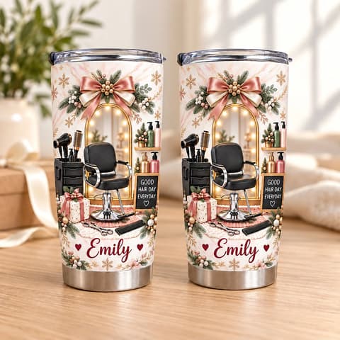 Personalized Salon Christmas Tumbler 20oz Custom Name, Hairdresser Travel Cup, Beauty Stylist Holiday Keepsake, Christmas Gift