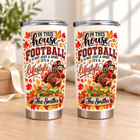 Personalized 20oz Tumbler Custom Family Name – Football Family Gift, Thanksgiving Turkey Sports Lover Stainless Steel Travel Cup