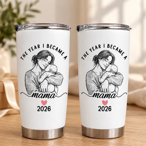 Custom Photo Mama Tumbler 20oz, Personalized Mother Baby Travel Cup With Year, New Mom Keepsake, Motherhood Gift For Mom