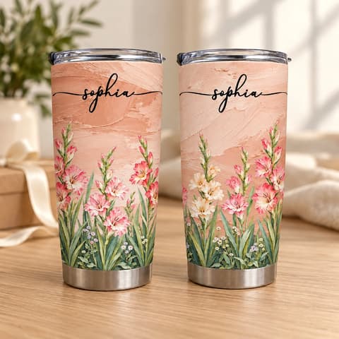 Personalized Pink Flower Tumbler 20oz Custom Name, Gladiolus Floral Travel Cup, Elegant Botanical Gift For Her