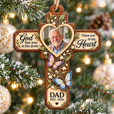 Personalized Wood Shaped Christmas Ornament Custom Name – Memorial Dad Photo Keepsake, Christian Cross In Loving Memory Holiday Tree Decor Gift