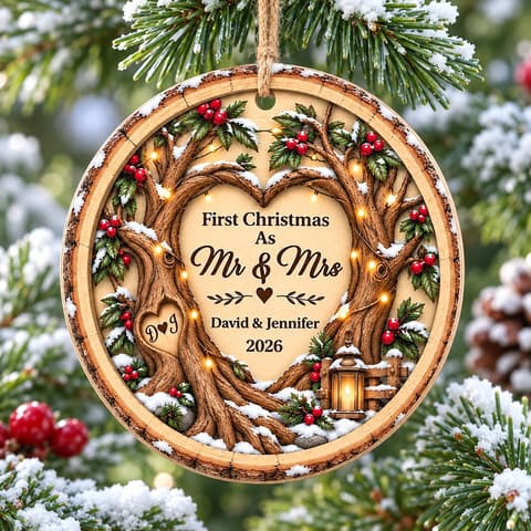 Custom Couple Names Wooden Christmas Ornament - Rustic Heart Tree Design