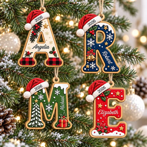 Personalized Wooden Letter Christmas Ornament Custom Name Year Monogram Initial Christmas Gift