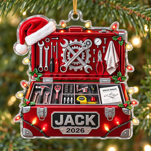 Personalized Acrylic Christmas Ornament Custom Name – Mechanic Tool Box Holiday Keepsake, Auto Repair Garage Christmas Tree Decor Gift