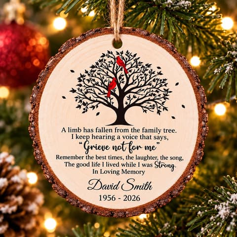Personalized Wood Memorial Christmas Ornament - Custom Name And Years Cardinal Family Tree Sympathy