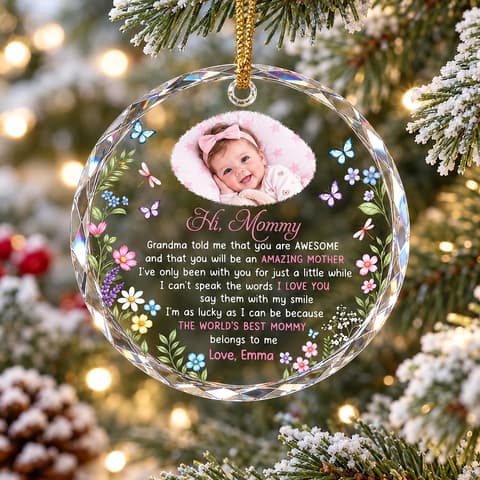 Personalized Round Glass Christmas Ornament Custom Baby Name And Photo – Baby To Mommy Keepsake, First Christmas Holiday Tree Decor Gift