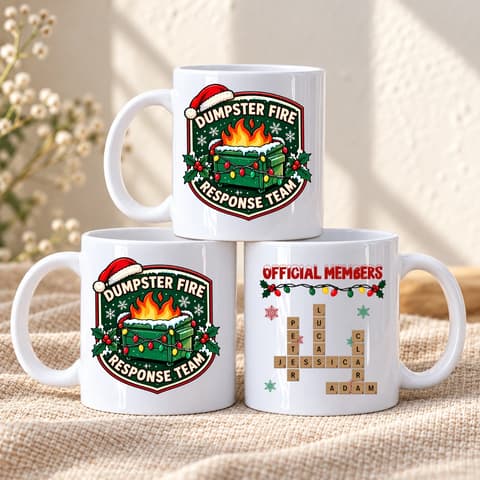 Personalized Mug With Funny Dumpster Fire Team Design, Red And Green Christmas Gift For Coworkers