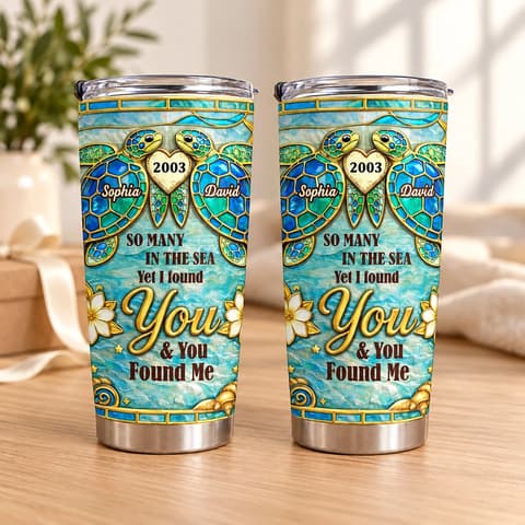 Custom Couple Tumbler 20oz With Names & Year, Personalized Sea Turtle Travel Cup, Ocean Love Anniversary Gift For Husband Wife