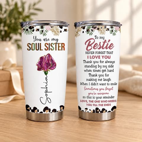 Personalized 20oz Tumbler Custom Name And Birth Flower – Soul Sister Bestie Gift, Floral Friendship Keepsake, Stainless Steel Travel Cup