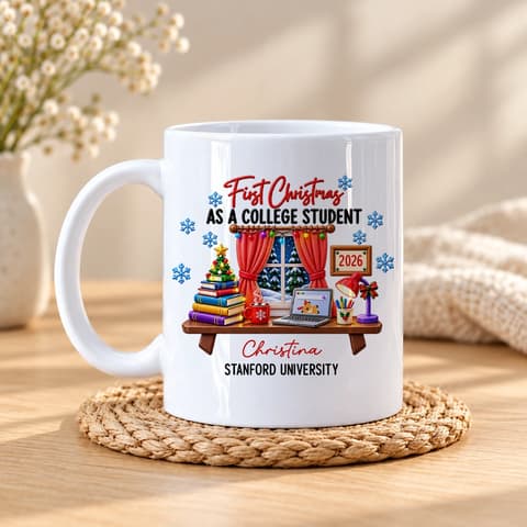 Personalized White Coffee Mug Custom Name And University – First Christmas As A College Student 2026, Student Holiday Gift